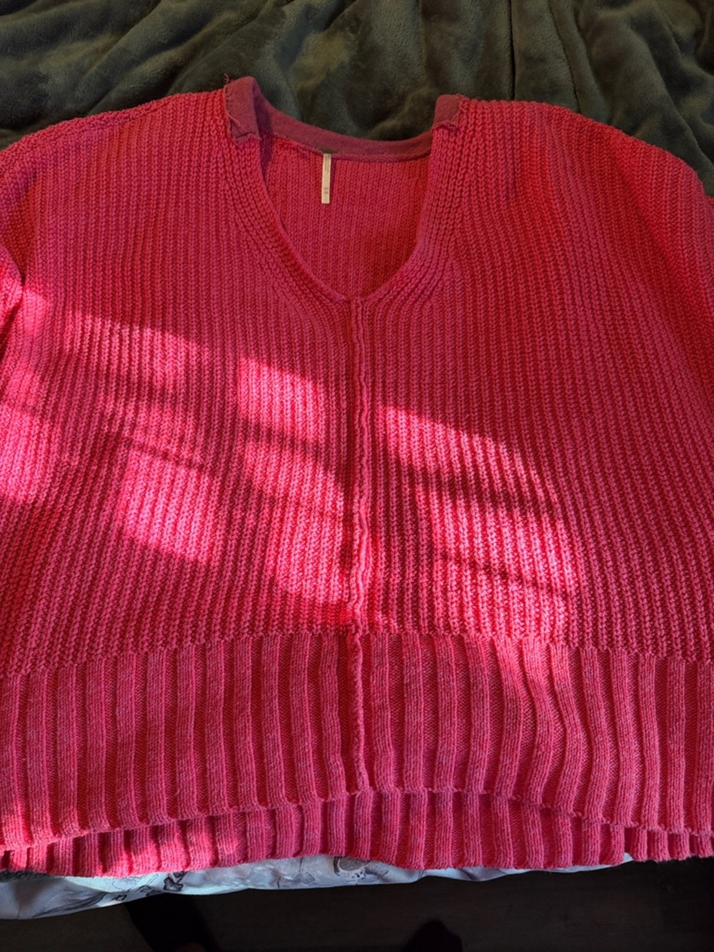 Free People Fuchsia Ribbed V-Neck Sweater